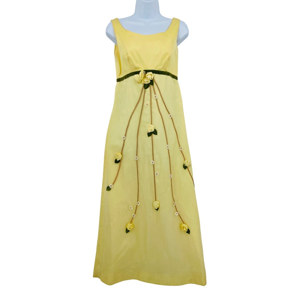 Vintage Maxi Gown Womens 8 Butter Yellow Floral Rosette Velvet Trim Empire Waist